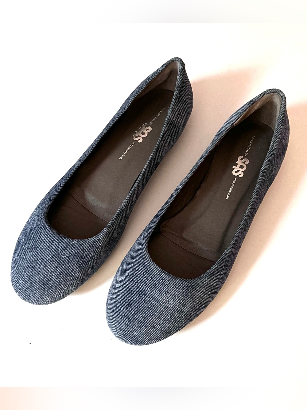 SAS Lacey Denim Blue Canvas Ballet Flats Made in Italy 10W Wide Comfort